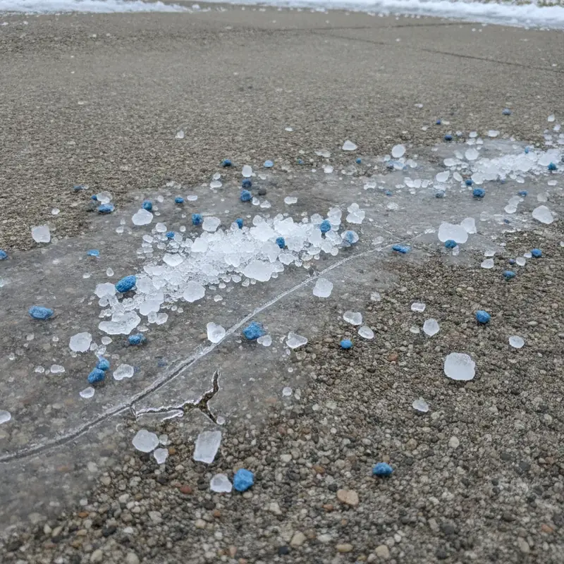 Salt being applied to an icy driveway for de-icing